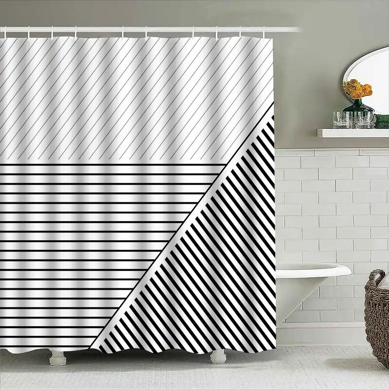 Shower Curtain Liner Waterproof Fabric Bathroom Decor Modern Farmhouse Coastal Chic Black And White Striped Pattern Washable Hom