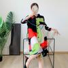 Plus Size Mid-Length Lapel Cardigan - Autumn Style, Belly Concealing, Pleated Design, Printed Pattern