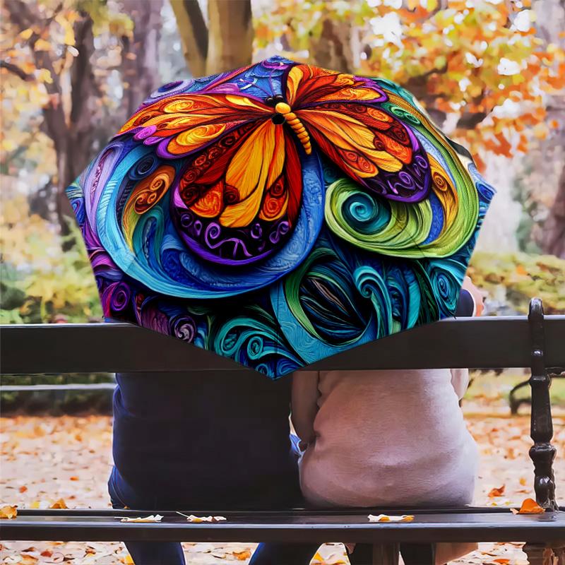 Colorful Butterfly pattern, automatic folding umbrella, portable and foldable design, 8 ribs, a Christmas or birthday gift.