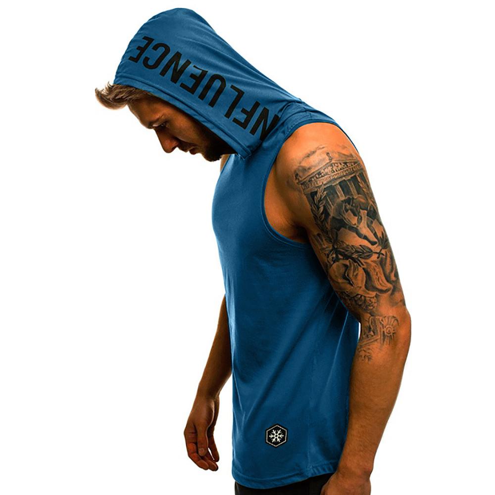 

Літня чоловіча модна повсякденна тонка футболка без рукавів і капюшоном без рукавів, повсякденна жилетка, блуза, зручна високоякісна унікальна персоналізована одяг L синій