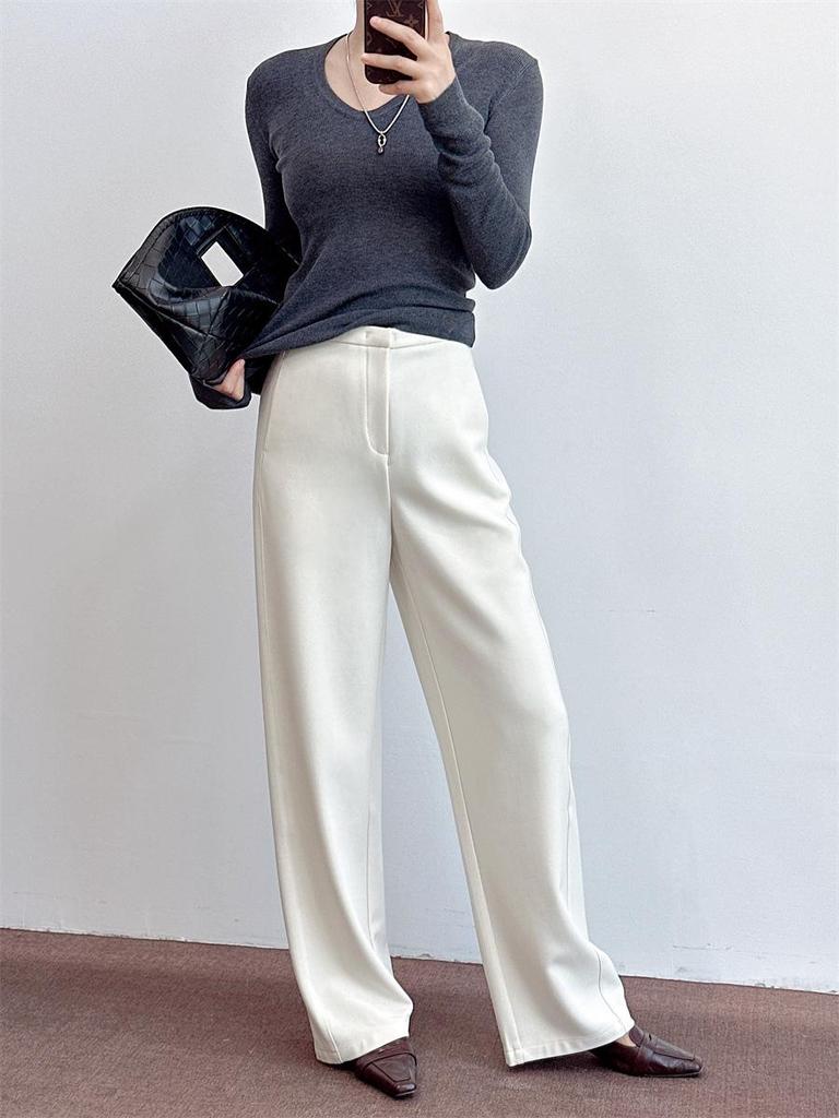 Women's Wool Blend Wide-Leg Trousers: Drapey & Hip-Covering, Suitable for Spring, Autumn, Winter