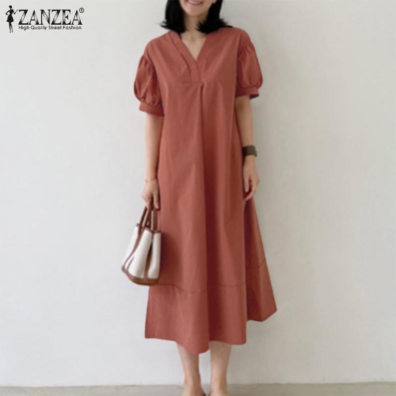 ZANZEA Women Summer V-Neck Short Sleeve Long Dress