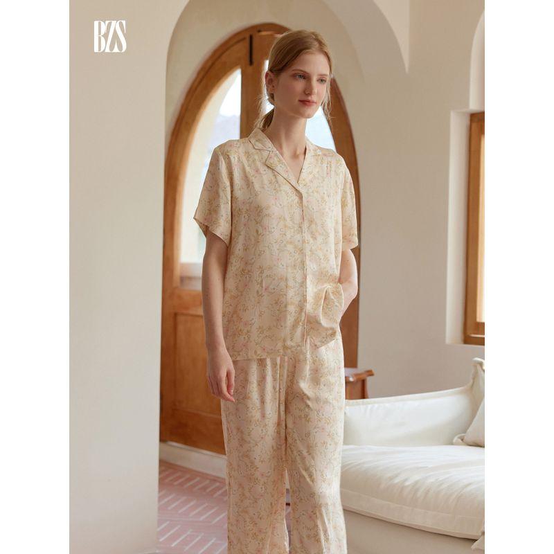 24 New Small Lapel Women Rayon Satin Floral Print Pajamas Set Short sleeve Trousers Can Be Worn outside Homewear