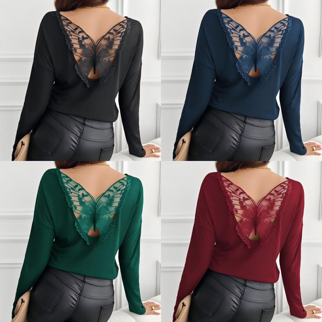 Women's Solid Color Back Splicing Butterfly Flower Rib Long Sleeve T-shirt Tops for Women Versatile Closet Essential Fashion Items Shirt