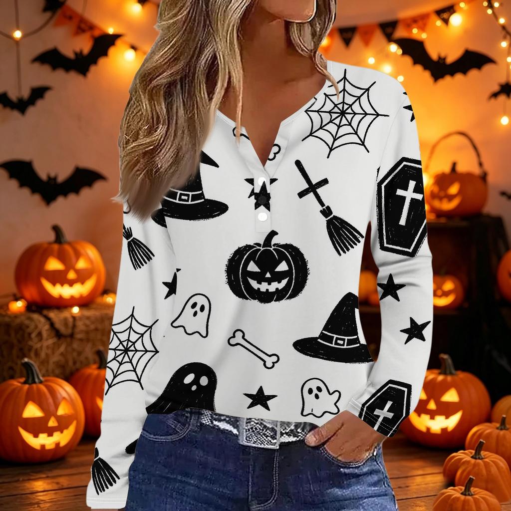 Women’s Casual Halloween Printed V Neck Decorative Button Long Sleeve T Shirt Top with Pumpkin and Candy Pattern