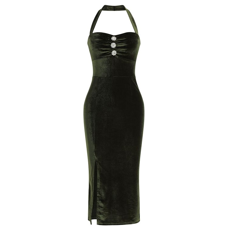 Šaty bez rukávů Ženy Sametové Bez ramínek Lůžko Korejský styl Elegantní Tenké Bez zad Sexy Club Letní Večerní Zelené šaty