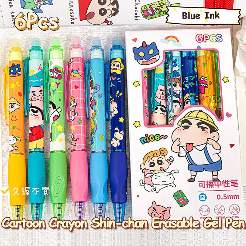 6Pcs Cartoon Crayon Shin-Chan Neutral Pen Kawaii Pressing Gel Pen Blue Ink Erasable Pens Student Stationery Office Supplies Gift