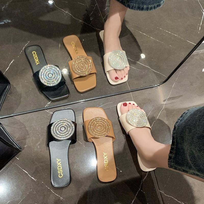 2024 New Large Size Flat Bottom Slippers Women Slippers Square Head Rhinestone Round Cake One-character Slippers