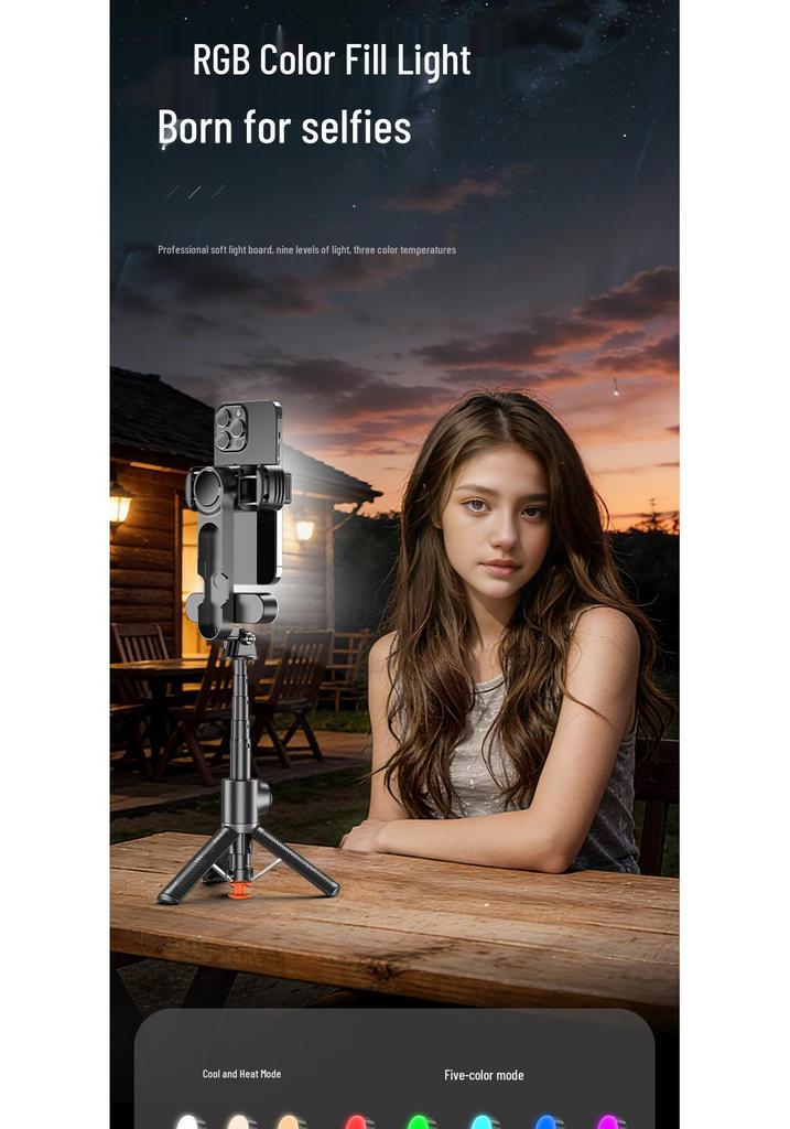 Tragbarer Bluetooth Selfie-Stick: Anti-Wackel-Gimbal, Fülllicht, Stativständer für Live-Übertragung und Fotografie