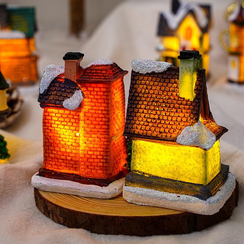 Lighting Up DIY Christmas Tiny Resin House Village Miniature Model Chrismas LED Lights House Xmas Gift