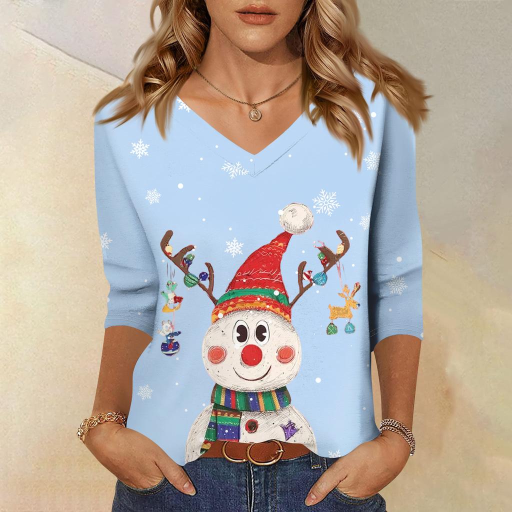 3/4 Sleeve Shirts For Women Print Christmas Tees Blouses Casual Plus Size Basic Tops Pullover