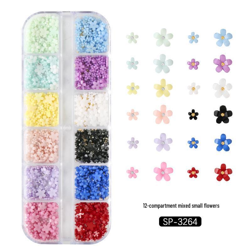 6-Grid Nail Art Set: Resin Mix, Pearls, Steel Beads, Macaron & Candy Color Flowers 3D Decor.