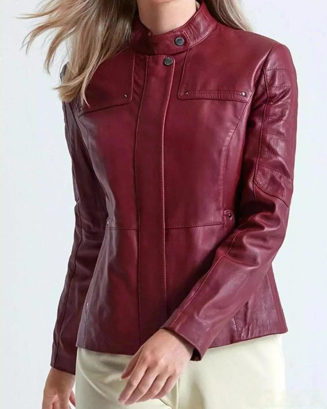 

Куртка Кожаная Байкерская Повседневная Женская Стильная Ручной работы Бордовая Натуральная Овечья кожа 3XL красный