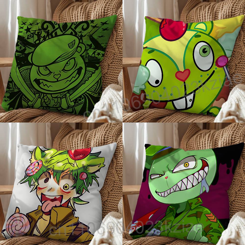 Green Cute Happy HTF Tree Friends Pillow Case Square DoubleSided Printing Short Plush Sofa Cushion Cover Bedroom Bedside Pillow
