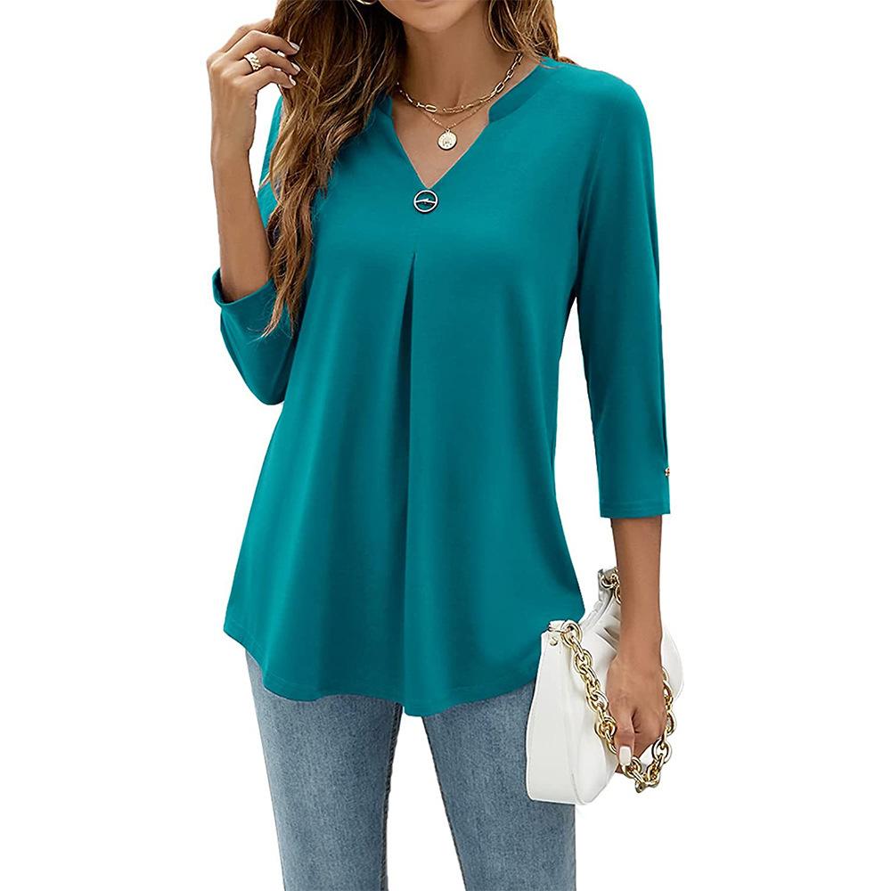 Spring Autumn Women T-shirt V Neck 3/4 Sleeve Pin Decor Pleated Hem Solid Color Slim Fit Tunic T-shirt Tops Blouse