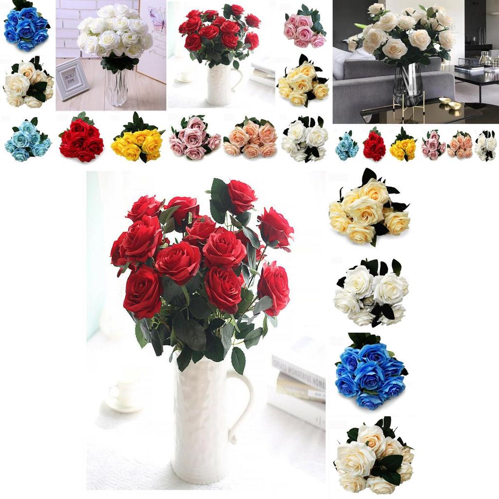 Elegant 10 Heads Silk Rose Artificial Flowers Bouquet For Wedding And Home Decor