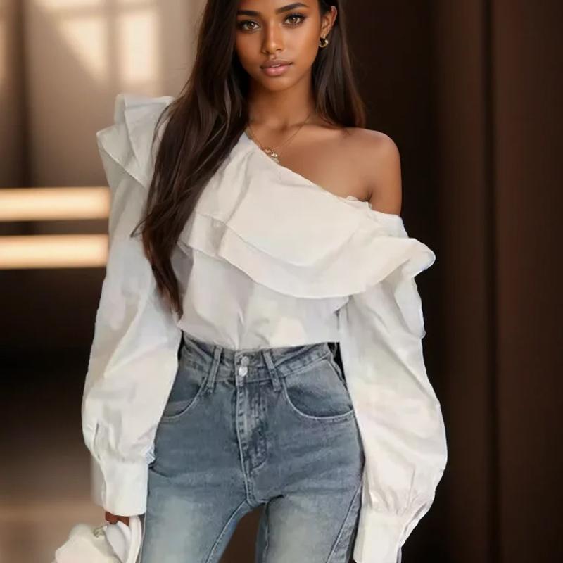 Vintage Ruffled Off Shoulder White Blouse Women Fashion Long Sleeve Loose Elegant Shirt Women Slim Fit Casual Slash Neck Sexy Tops 24304