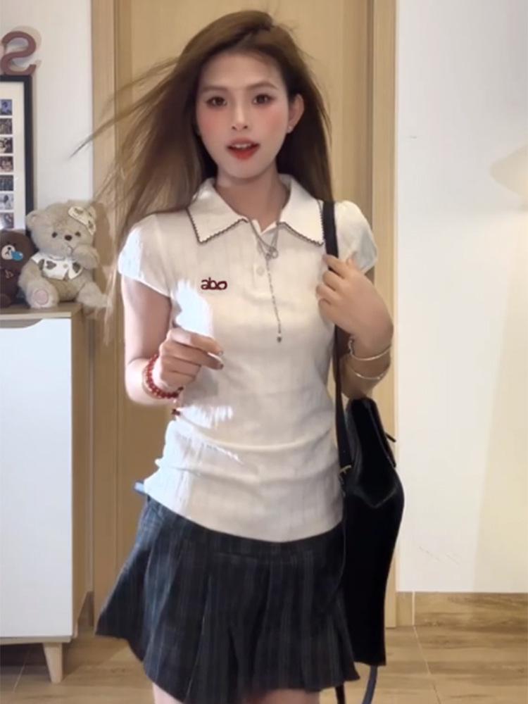 Women's Summer White Polo Collar Short-Sleeve Slim Fit College Style T-Shirt
