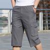 Summer New Men's Elastic Waist Cropped Pants, Solid Color Large Size Fat Loose Outdoor Tooling Shorts