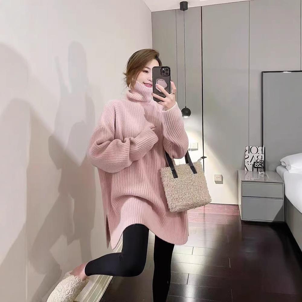New solid color simple turtleneck hem slit thick pullover sweater for women, warm layered knit sweater