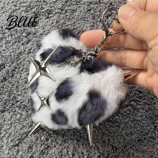 Bag Accessory Plush Leopard Love Heart Keychain Stuffed Keyring Pendant with Metal Star Punk Backpacks Decorative Keychain