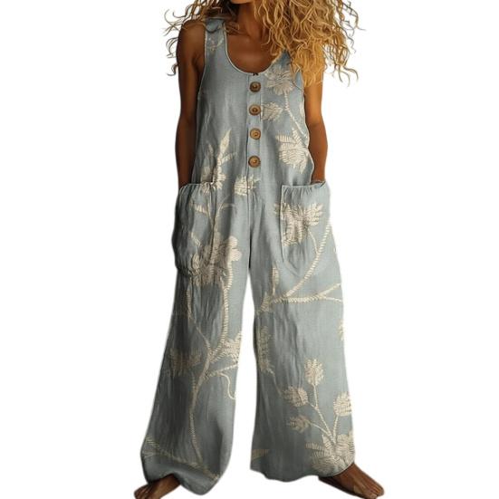 Women's Floral Printed Wide Leg Jumpsuit Sleeveless Button Front Romper Summer Casual Loose Overall with Pockets