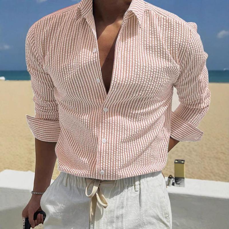 Camisa de Hombre de Seersucker Rayado con Botones Manga Larga Casual Transpirable Verano Playa Oficina Diaria