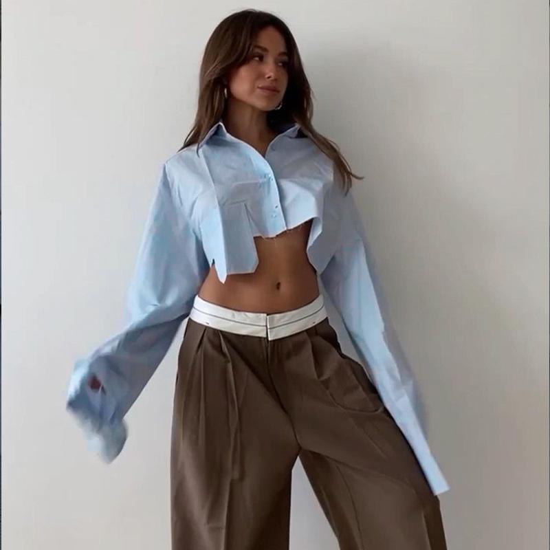 Autumn Fashion Chic White Women Blouse Sexy Lapel Long Sleeve Crop Shirts Lady Streettop Woman Blusas Clothing Pockets