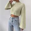 Autumn and Winter New European and American Solid Color Versatile High Waist Short Style Trumpet Sleeve Half High Collar Pullover Sweater for Women