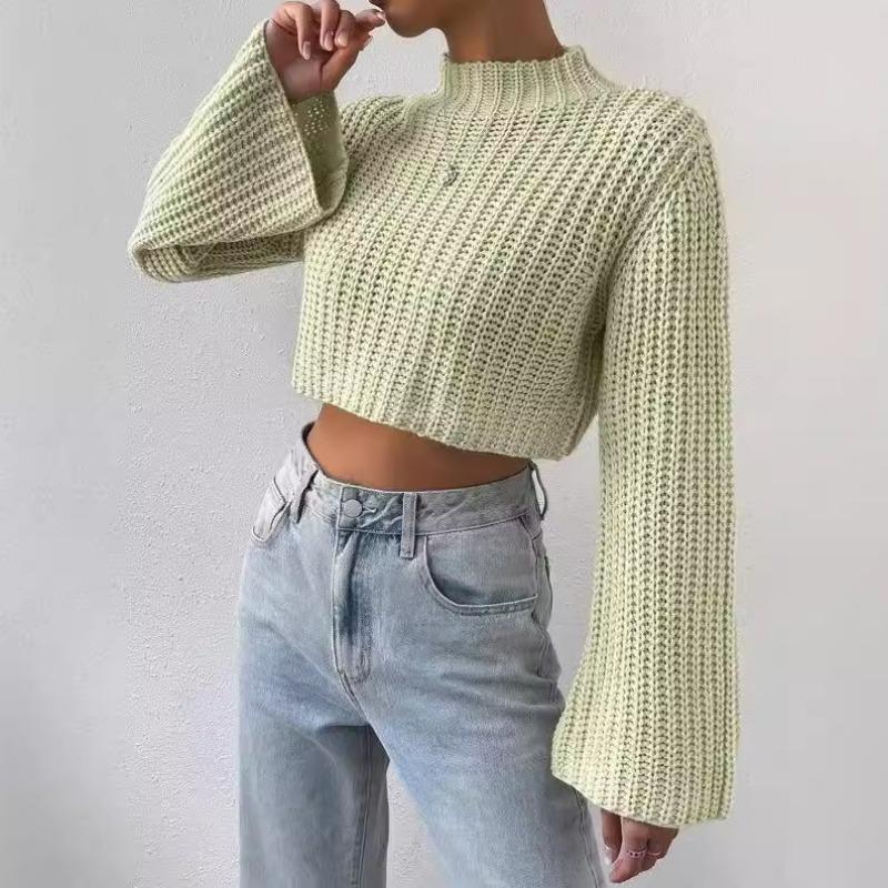 Autumn and Winter New European and American Solid Color Versatile High Waist Short Style Trumpet Sleeve Half High Collar Pullover Sweater for Women