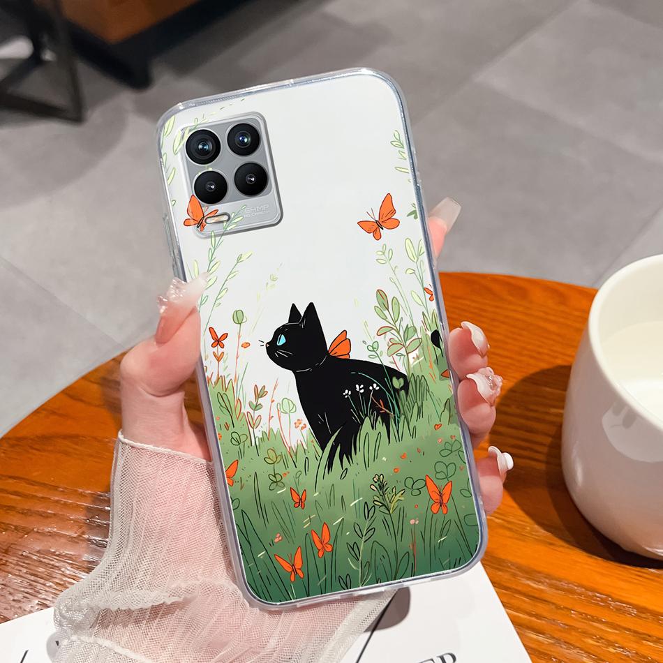 For Realme 8 Pro Case Lovely Cat Soft Transparent Phone Back Cover For Realme8 4G 5G Shockproof Comfortable TPU Silicone Bumper