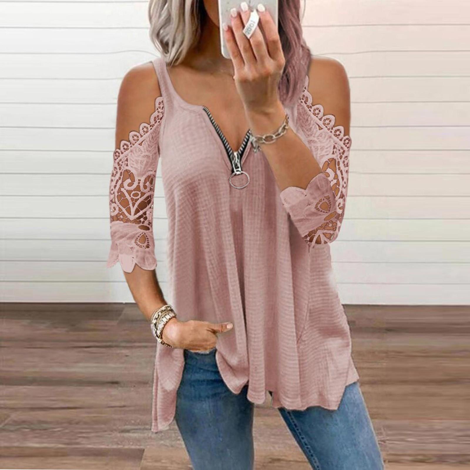 

Женская летняя пляжная туника с открытыми плечами, топы, блузка с короткими рукавами, повседневные футболки больших размеров, рабочие футболки больших размеров XL розовый