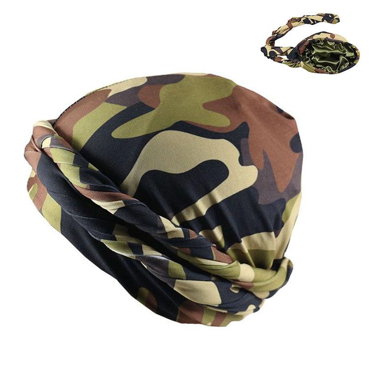 Satin Lined Turban Head Wrap Camouflage Printing Sleeping Bonnet Hair Cover Adjustable Pre-Tied Chemo Hat For Men Women