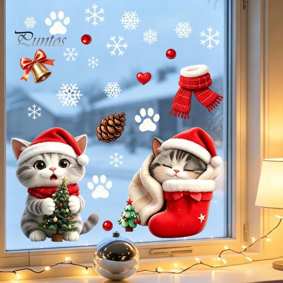 Creative Christmas Gift for Kids Cute Cat Static Glass Sticker, Waterproof PVC Window Decal Holiday Decoration, Home Decor Ornaments Removable