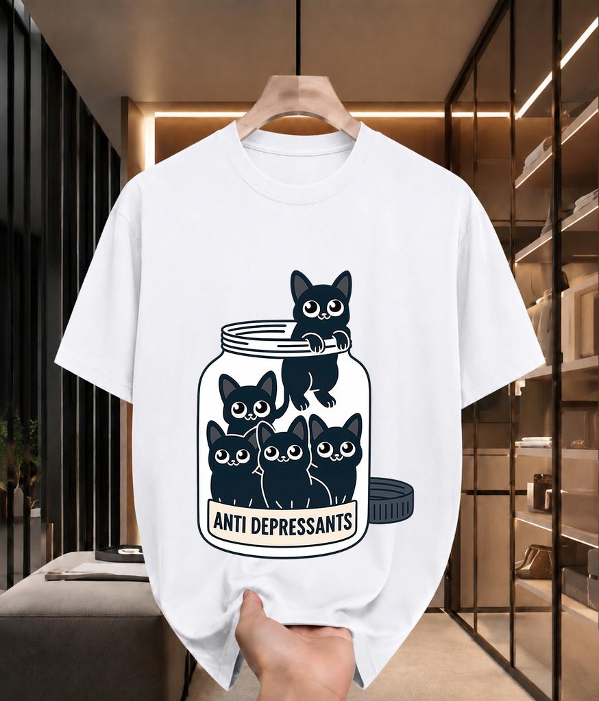 2026 New 100 Cotton Tshirt Cute Black Cats In Pill Bottle Anti Depressants Funny Healing Print Unisex Tee Casual Short Sleev