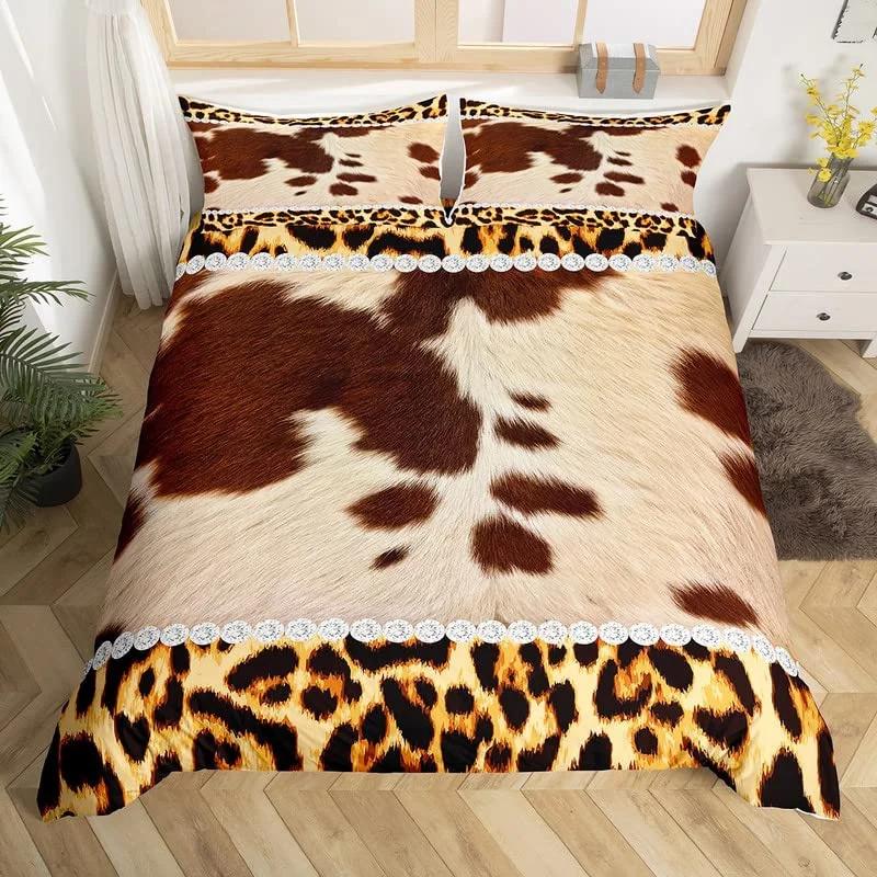 Cowhide Sunflower Duvet Cover Western Farm Animal Skin Bedding Set Microfiber Cow Fur Comforter Cover Twin For Boys Girls Room