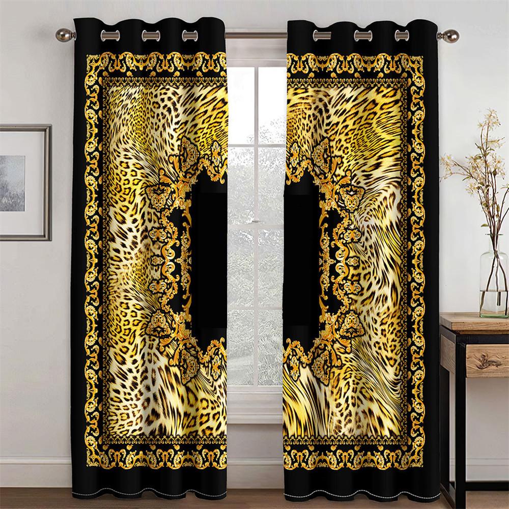 3D Print Modern Luxury Brand Design Black and Gold Pattern Thin Shading Polyester Curtain for Living Room Bedroom Decor Hooks