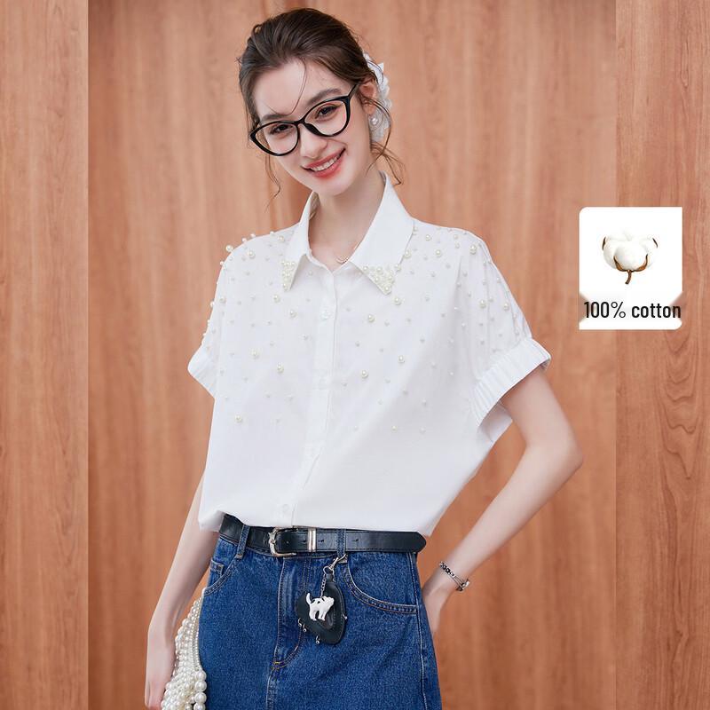 Elegant Beaded Short Sleeve Shirt L