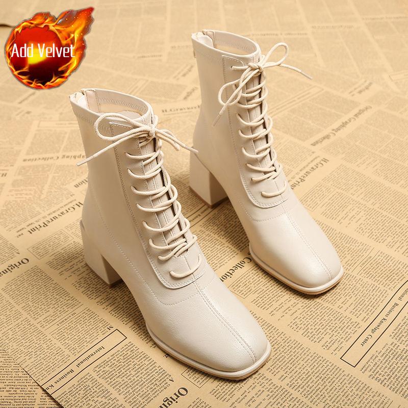Fashion Elegant with Medium Heels Lace-up Women's Ankle Boots Square Toe Fleece-Lined Booties Autumn Winter Leather Female Short Shoes