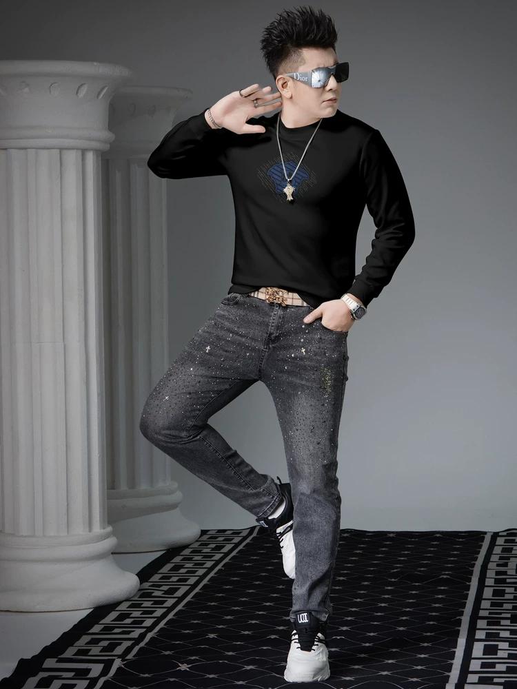 European High-End Rhinestone Printed Round-Neck Sweatshirt for Men, 2025 New Autumn Trendy Brand Long-Sleeve Top, Base Layer Shirt for Men