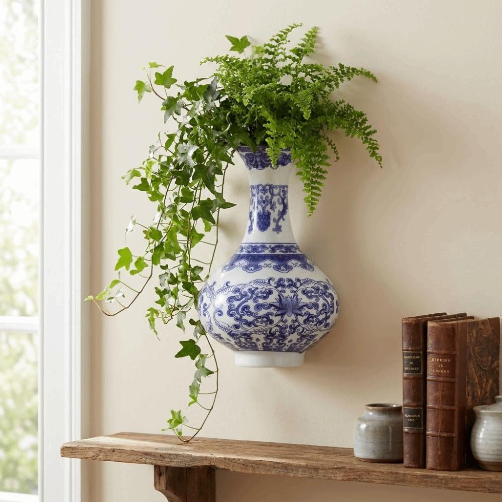 Antique Blue White Porcelain Wall Hanging Ceramic Vase Wall Hanging Vase Living Room Decor