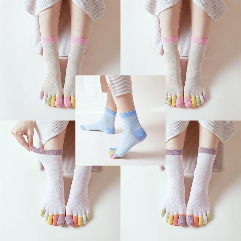 

5 пар женских разноцветных носков с пятью пальцами, весна и осень, чистый хлопок, забавные мягкие женские носки средней длины с дышащим раздельным носком 5 Pairs