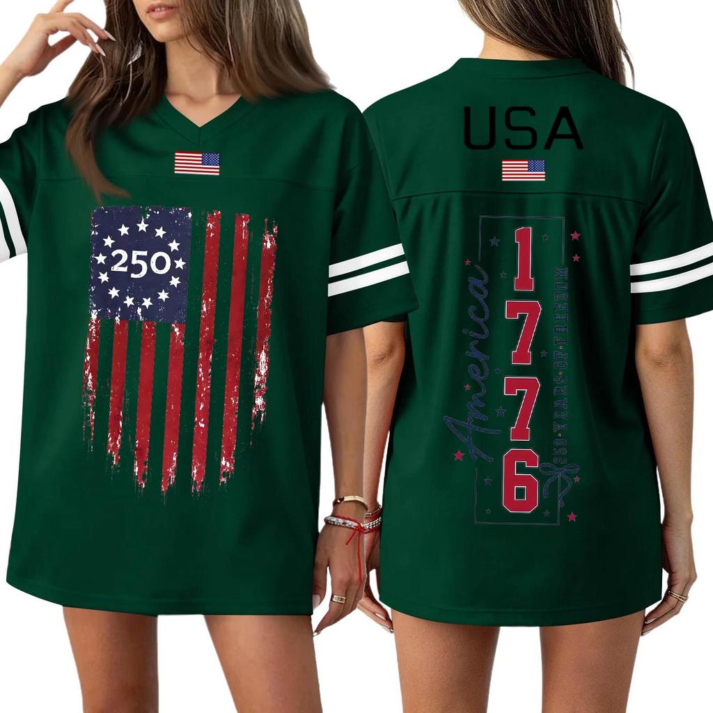 Women's Casual Fashion V-Neck Sports Independence Day Print Short Sleeve Sports T-Shirt Top