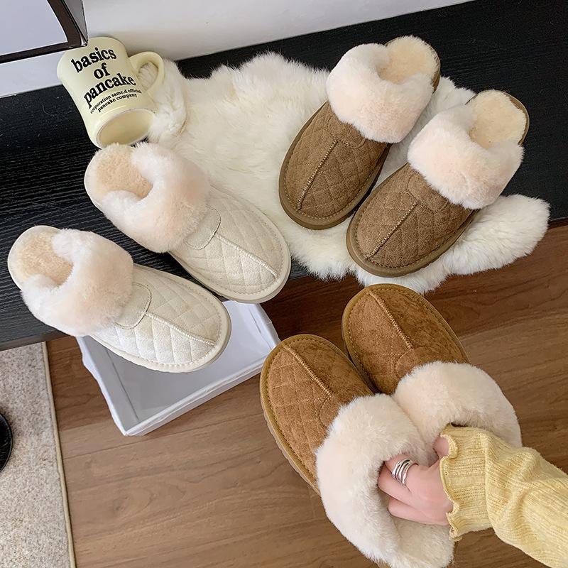 Mao Mao Mouth Thick Bottom Warm Rhombus Snow Cotton Drag Women 2025 Winter New Short Boots Piled Thickened Non-slip Cotton