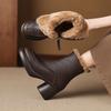 7cm British Style Leather Ankle Boots Warm Winter Fall Round Toe Chunky Heel Side Zip Booties