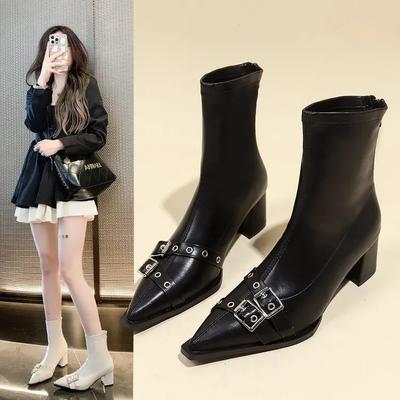 Women Short Boots Pointed  Retro Belt Buckle Elastic Boots British Style High Heels Leather Zipper Korean Fashion Boots
