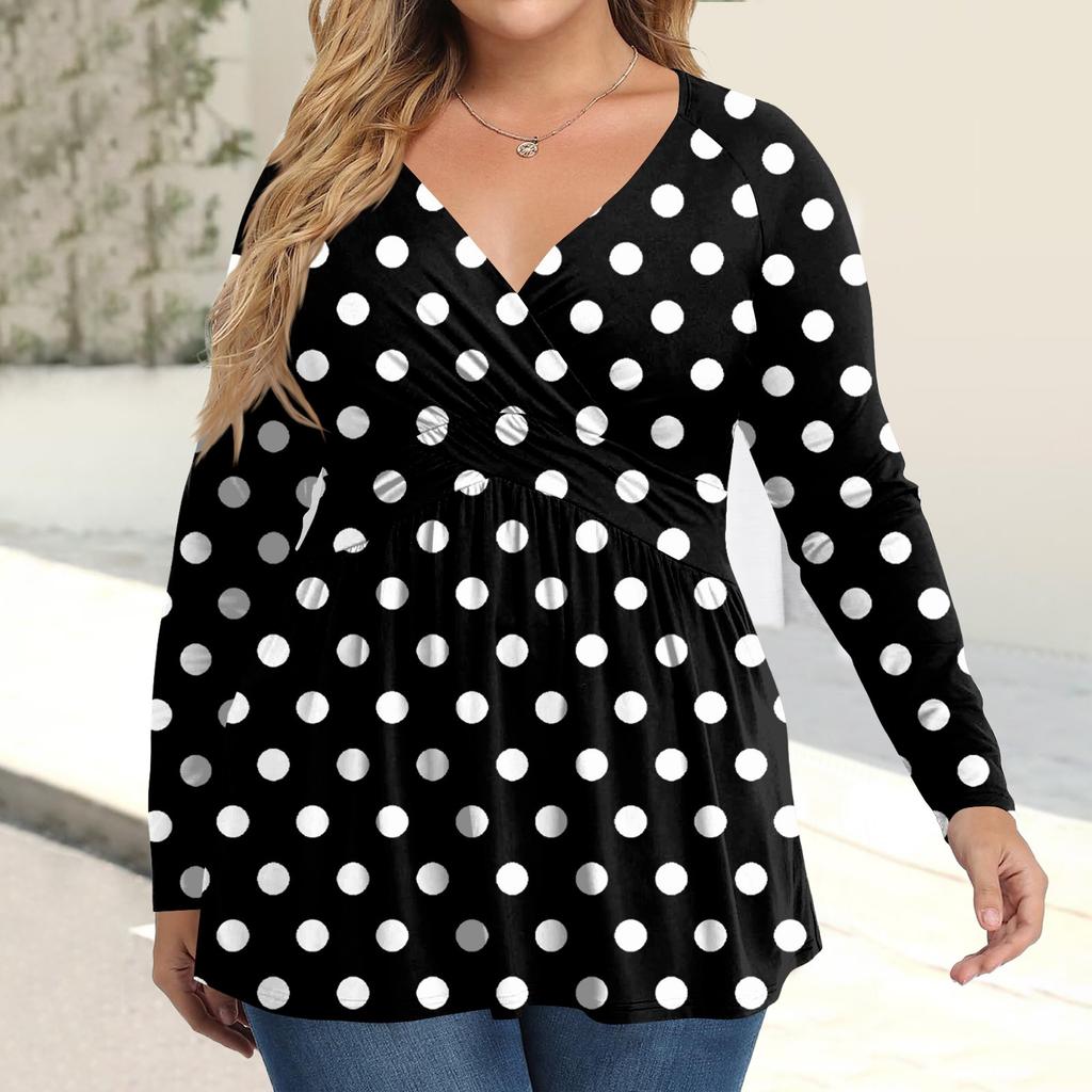 Women's Plus Size Shirt Long Sleeve  Print Top Pleated Casual V-Neck Top
