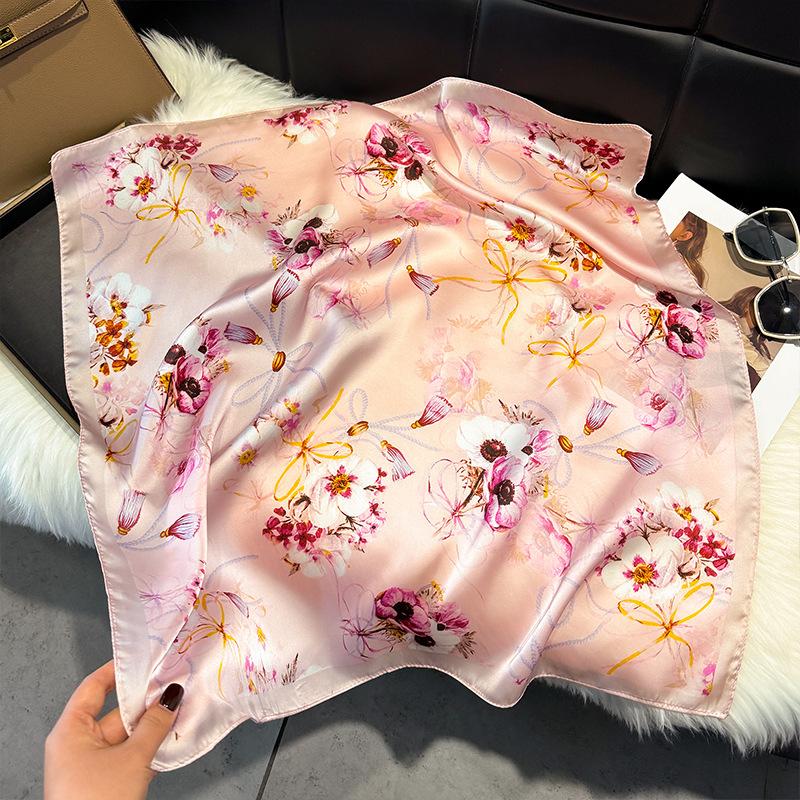 French Light Luxury Floral Small Square Scarf Simulation Silk Printing Silk Scarf Headscarf Women's Spring and Summer Scarf Temperament Scarf Scarf N