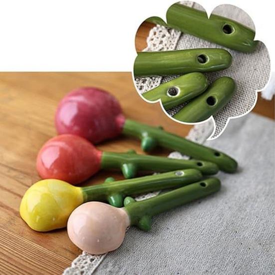4Pcs Flower Measuring Spoons Set, Ceramic Nesting Measuring Cups with Stand, Cute Kitchen Baking Tool for Coffee Tea, Gift for Bakers