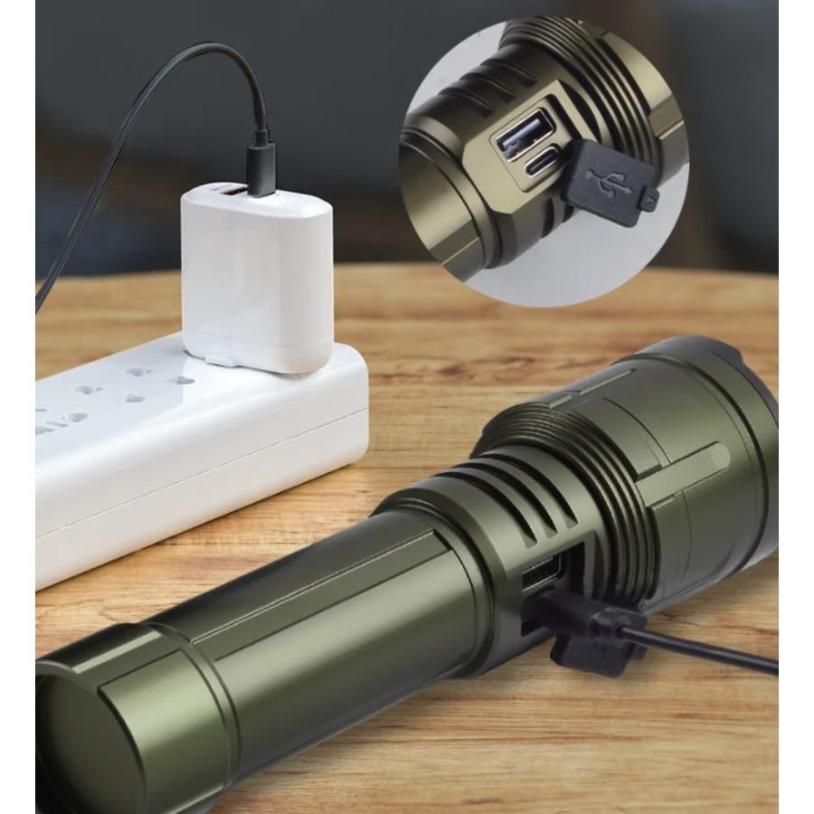 Ultra Bright LED Flashlight with Flame Ignition USB C Rechargeable Hand Torch Outdoor Camping Adventure Lantern Strong Light